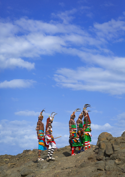 Portrait of rendille warriors wearing traditional headwears, Turkana lake, Loiyangalani, Kenya