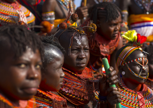 Rendille and turkana tribes dancing together during a festival, Turkana lake, Loiyangalani, Kenya