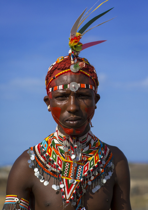 Portrait of rendille warrior wearing traditional headwear, Turkana lake, Loiyangalani, Kenya