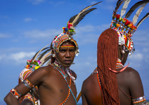 Rendille warriors with long braided hair, Turkana lake, Loiyangalani, Kenya