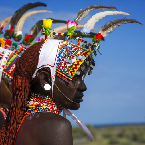 Rendille warriors with long braided hair, Turkana lake, Loiyangalani, Kenya