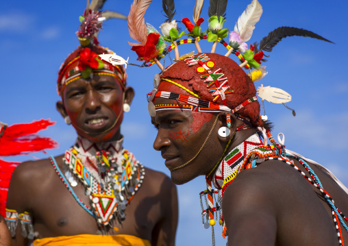 Portrait of rendille warriors wearing traditional headwears, Turkana lake, Loiyangalani, Kenya