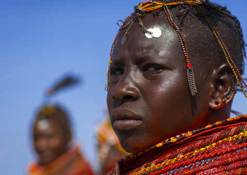 Turkana tribe woman with huge necklaces and ear rings, Turkana lake, Loiyangalani, Kenya