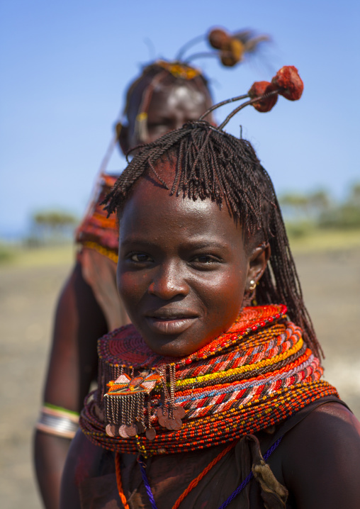 Turkana tribe woman with huge necklaces and ear rings, Turkana lake, Loiyangalani, Kenya