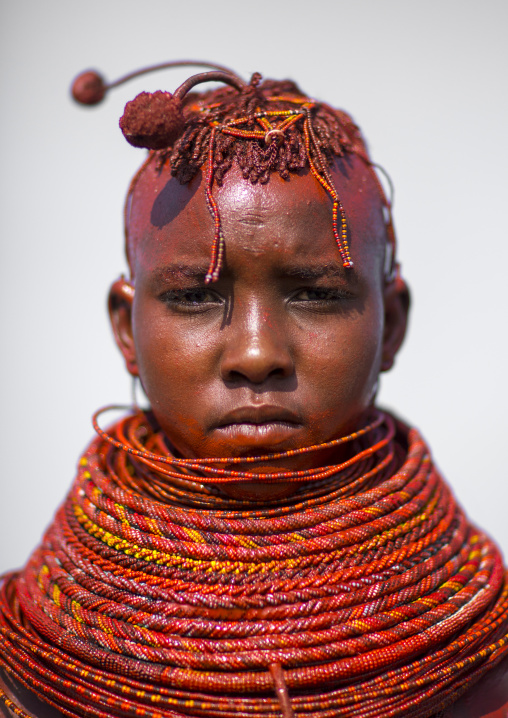 Turkana tribe woman with huge necklaces and ear rings, Turkana lake, Loiyangalani, Kenya
