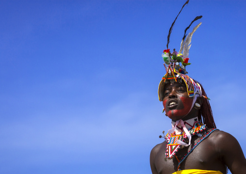 Portrait of rendille warrior wearing traditional headwear, Turkana lake, Loiyangalani, Kenya
