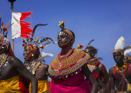 Rendille and turkana tribes dancing together during a festival, Turkana lake, Loiyangalani, Kenya