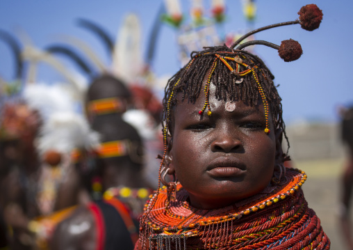 Turkana tribe woman with huge necklaces and ear rings, Turkana lake, Loiyangalani, Kenya