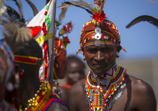 Portrait of rendille warriors wearing traditional headwears, Turkana lake, Loiyangalani, Kenya