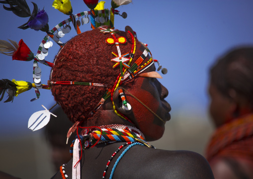 Portrait of rendille warrior wearing traditional headwear, Turkana lake, Loiyangalani, Kenya