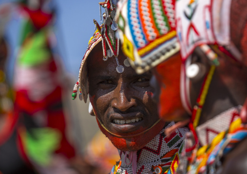 Portrait of rendille warriors wearing traditional headwears, Turkana lake, Loiyangalani, Kenya