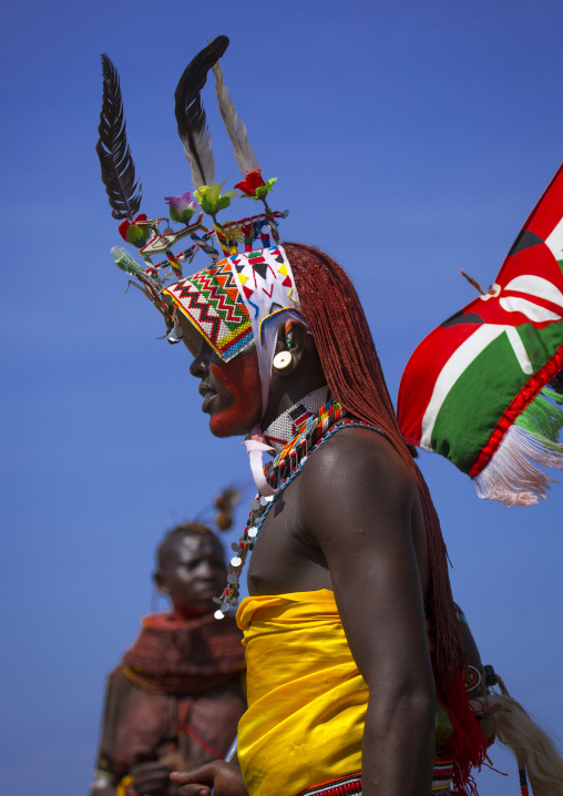 Portrait of rendille warrior wearing traditional headwear, Turkana lake, Loiyangalani, Kenya