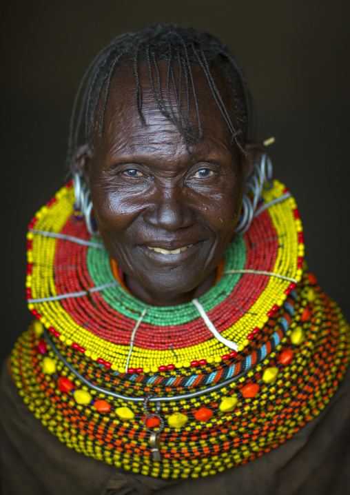 Turkana tribe woman with huge necklaces and earrings, Turkana lake, Loiyangalani, Kenya