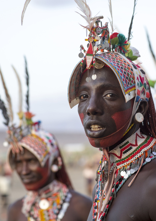 Portrait of rendille warriors wearing traditional headwears, Turkana lake, Loiyangalani, Kenya