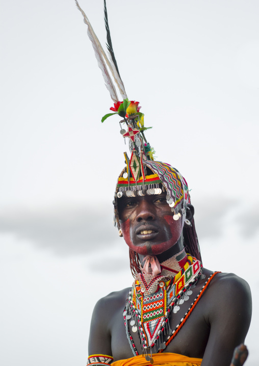 Portrait of rendille warrior wearing traditional headwear, Turkana lake, Loiyangalani, Kenya