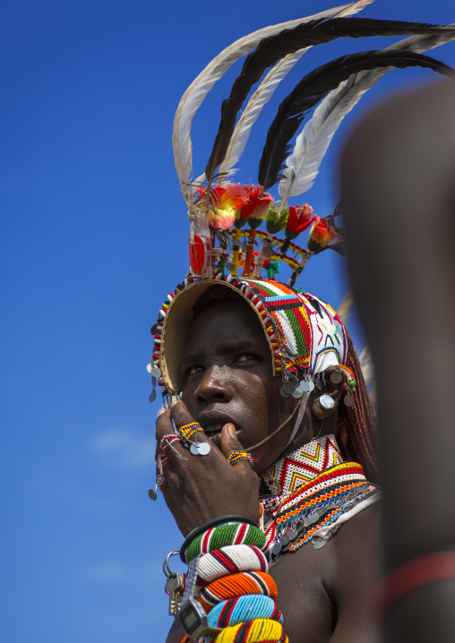 Portrait of rendille warrior wearing traditional headwear, Turkana lake, Loiyangalani, Kenya