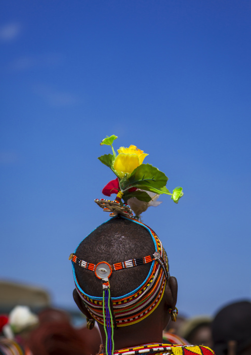 Rendille tribeswoman wearing traditional headdress and jewellery, Turkana lake, Loiyangalani, Kenya