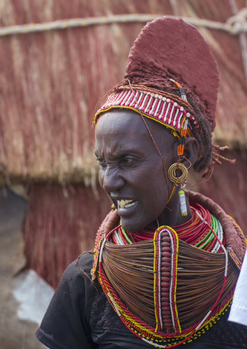 Rendille tribeswoman wearing doko headdress and mpooro engorio necklace, Turkana lake, Loiyangalani, Kenya