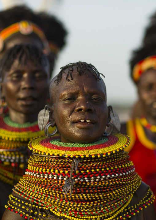 Turkana tribe women with huge necklaces, Turkana lake, Loiyangalani, Kenya