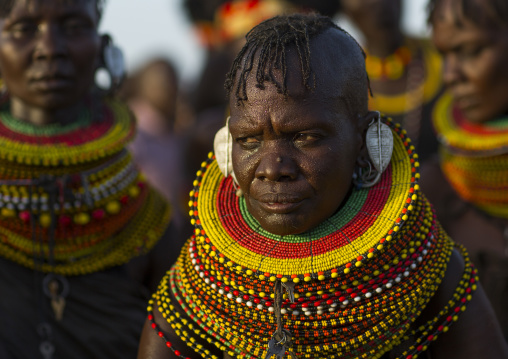 Turkana tribe women with huge necklaces, Turkana lake, Loiyangalani, Kenya