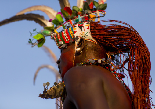 Portrait of rendille warrior wearing traditional headwear, Turkana lake, Loiyangalani, Kenya