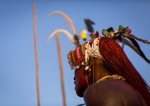 Portrait of rendille warrior wearing traditional headwear, Turkana lake, Loiyangalani, Kenya