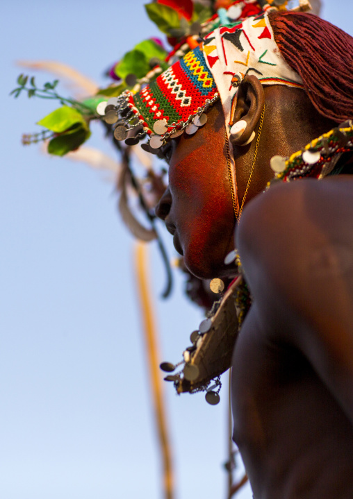 Portrait of rendille warrior wearing traditional headwear, Turkana lake, Loiyangalani, Kenya