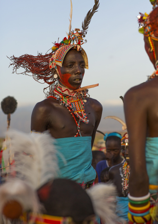 Portrait of rendille warriors wearing traditional headwears, Turkana lake, Loiyangalani, Kenya
