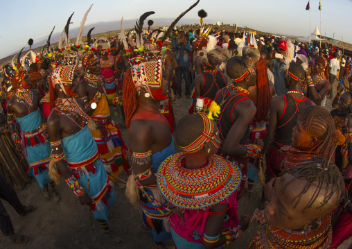 Rendille and turkana tribes dancing together during a festival, Turkana lake, Loiyangalani, Kenya