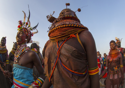 Rendille and turkana tribes dancing together during a festival, Turkana lake, Loiyangalani, Kenya