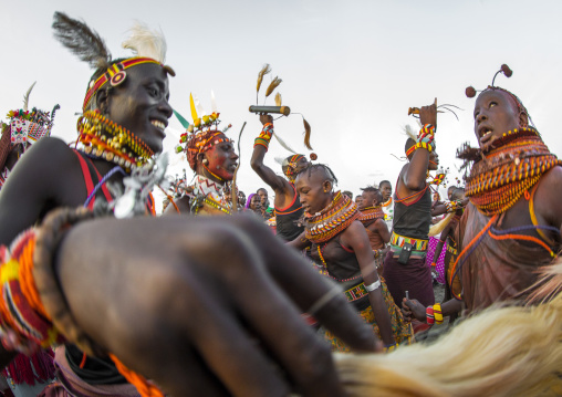 Rendille and turkana tribes dancing together during a festival, Turkana lake, Loiyangalani, Kenya