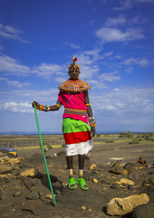 Rendille tribeswoman wearing traditional headdress and jewellery, Turkana lake, Loiyangalani, Kenya