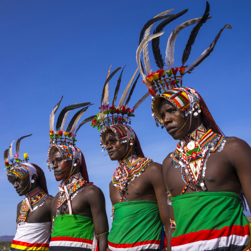 Portrait of rendille warriors wearing traditional headwears, Turkana lake, Loiyangalani, Kenya
