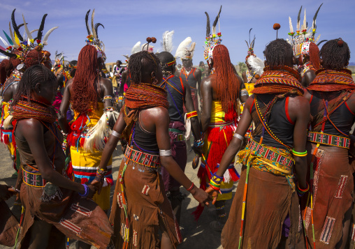 Rendille and turkana tribes dancing together during a festival, Turkana lake, Loiyangalani, Kenya