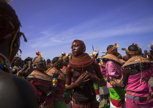 Rendille and turkana tribes dancing together during a festival, Turkana lake, Loiyangalani, Kenya