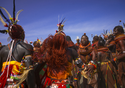 Rendille and turkana tribes dancing together during a festival, Turkana lake, Loiyangalani, Kenya