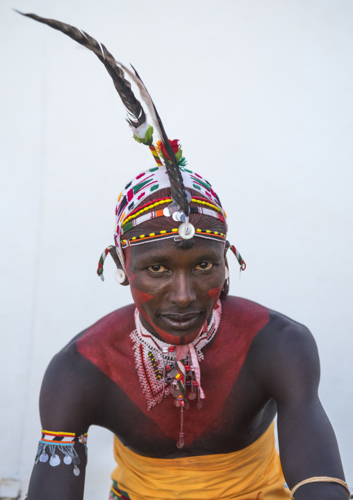 Portrait of rendille warrior wearing traditional headwear, Turkana lake, Loiyangalani, Kenya