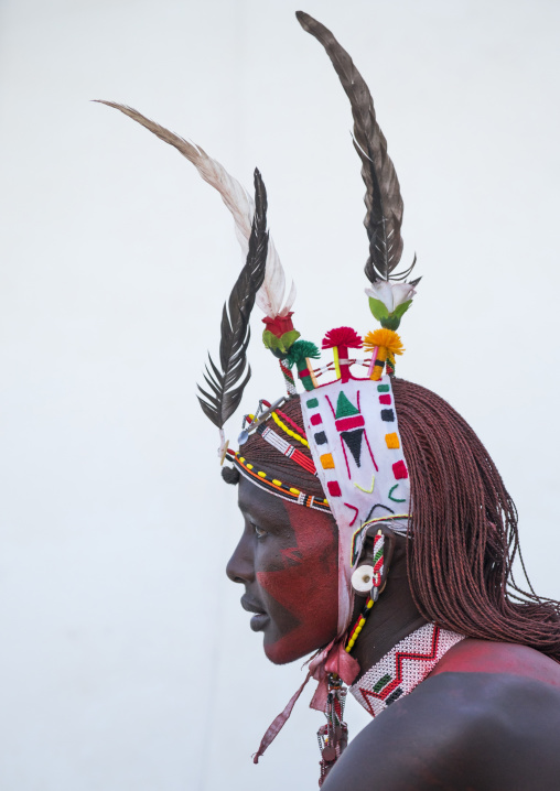 Portrait of rendille warrior wearing traditional headwear, Turkana lake, Loiyangalani, Kenya