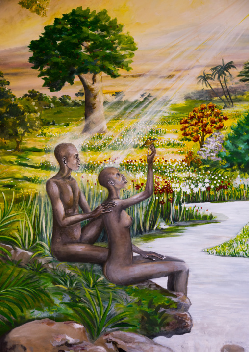 A mural in the catholic church telling the bible, Marsabit district, Marsabit, Kenya