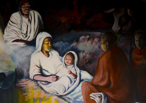 A mural in the catholic church telling the bible, Marsabit district, Marsabit, Kenya