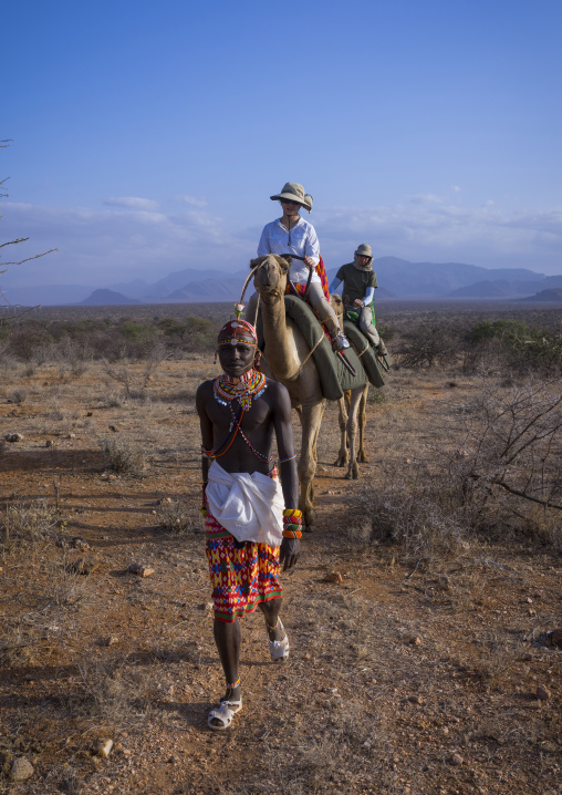Rendille warrior in a trck with tourists riding camels, Samburu county, Samburu national reserve, Kenya