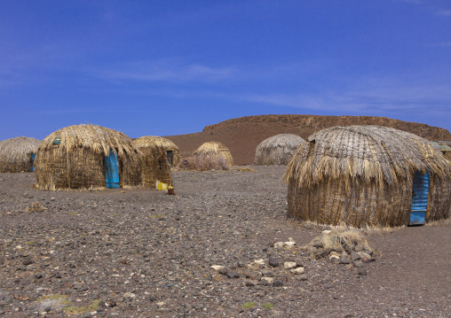 Grass huts in el molo tribe village, Turkana lake, Loiyangalani, Kenya