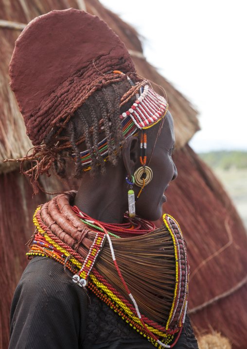 Rendille tribeswoman wearing doko headdress and mpooro engorio necklace, Turkana lake, Loiyangalani, Kenya