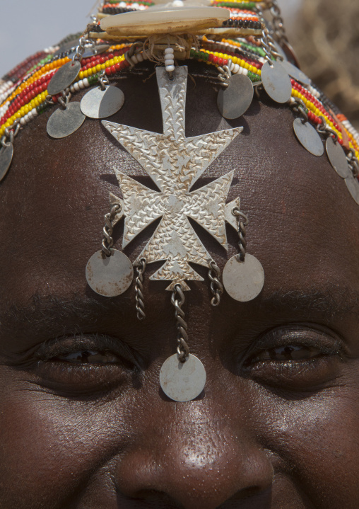Rendille tribeswoman wearing traditional headdress and jewellery, Marsabit district, Ngurunit, Kenya
