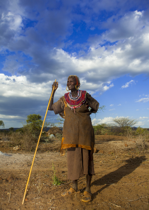 A pokot woman wears large necklaces made from the stems of sedge grass, Baringo county, Baringo, Kenya