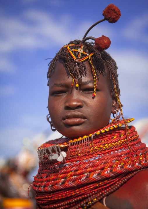 Turkana tribe woman with huge necklaces and ear rings, Turkana lake, Loiyangalani, Kenya