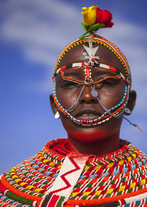 Rendille tribeswoman wearing traditional headdress and jewellery, Turkana lake, Loiyangalani, Kenya