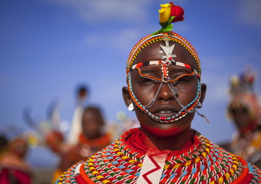 Rendille tribeswoman wearing traditional headdress and jewellery, Turkana lake, Loiyangalani, Kenya