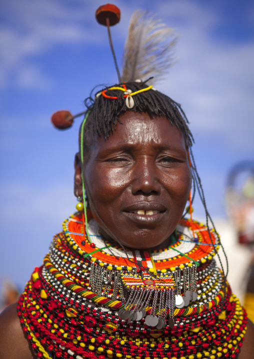 Turkana tribe woman with huge necklaces and ear rings, Turkana lake, Loiyangalani, Kenya