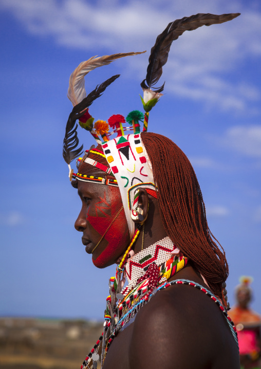 Portrait of rendille warrior wearing traditional headwear, Turkana lake, Loiyangalani, Kenya